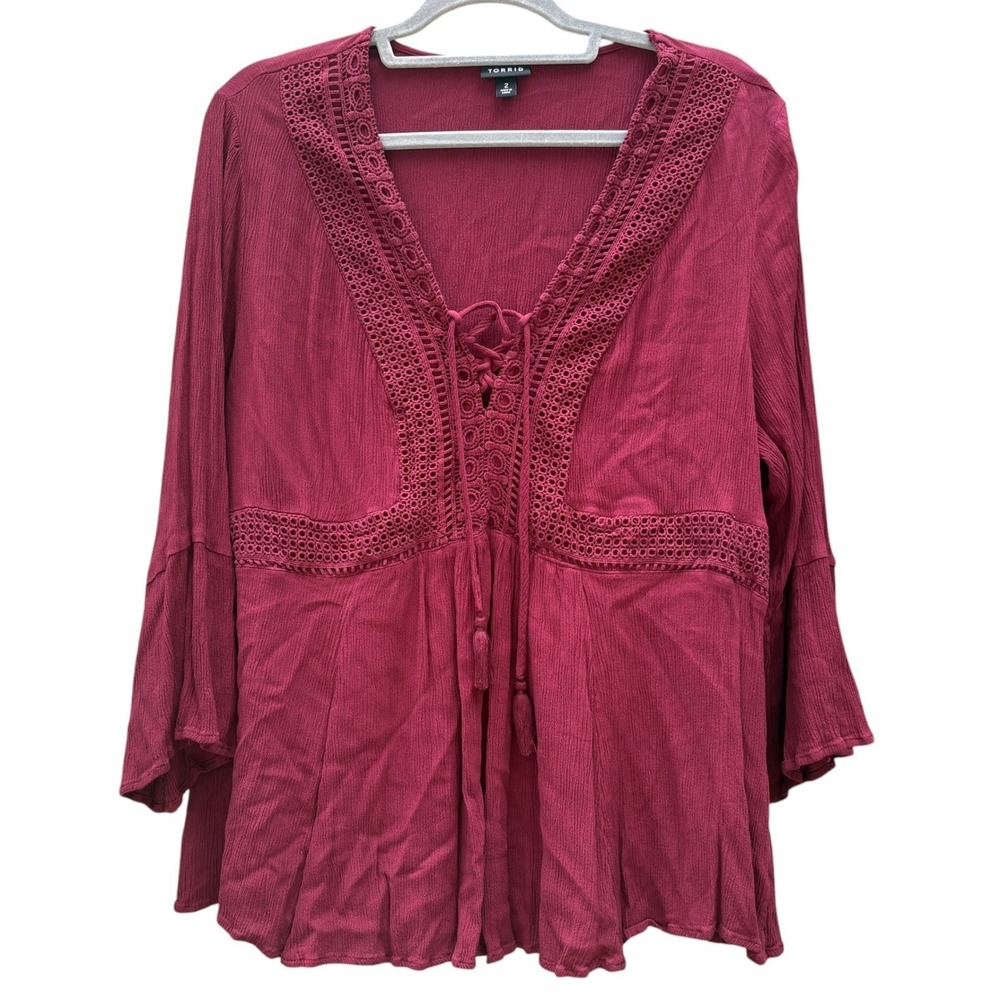 Torrid Womens 2X Blouse Burgundy Crochet Lace Up Boho Peasant Gypsy Ethereal
